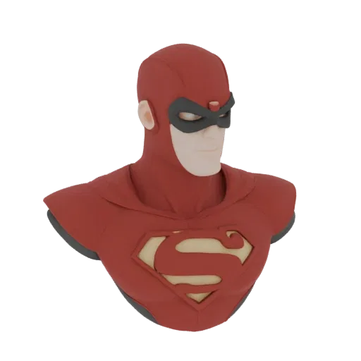 3D model of a Superhero Bust in a red and grey suit with a chest symbol, on a black background