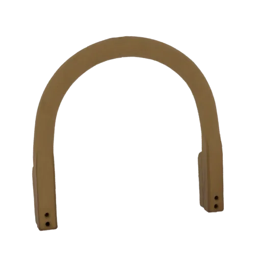 3D model of a beige curved arch handle with two mounting tabs, each with two screw holes.