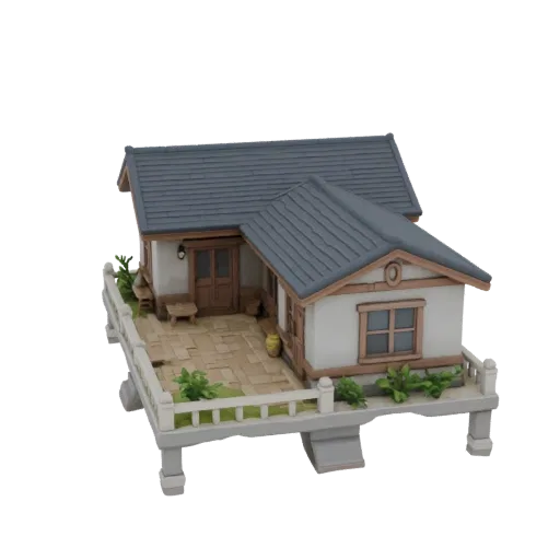 3D model miniature house with terrace, stone tiles, and greenery