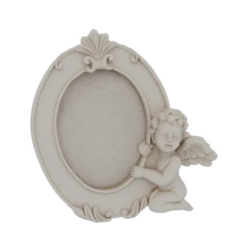 3D model of an ornate oval picture frame with a cherub figure holding onto its side, rendered in a neutral stone-like materia