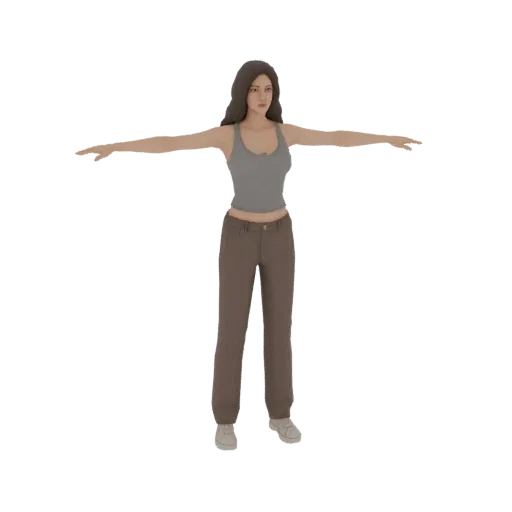 Modello 3D di una donna con canotta grigia e jeans marroni, in posa a T con braccia tese.