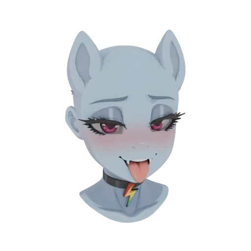 3D render of an anime-style light blue feline character with pink eyes, sticking its tongue out, wearing a black choker with