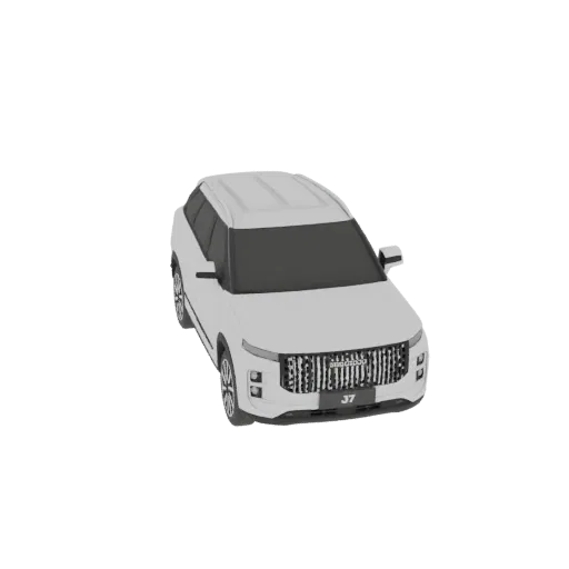 Un modèle 3D de SUV moderne blanc avec une calandre proéminente et un design épuré, vu sous un angle avant trois-quarts.