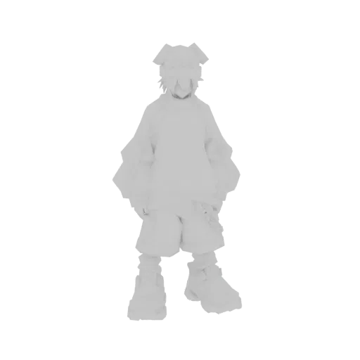 3D model of an anime character with dog ears, wearing a baggy sweatshirt and shorts, standing against a white background.