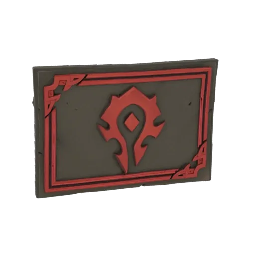 3D model of the Horde emblem from World of Warcraft, depicted as a red and grey embossed plaque with a textured surface.