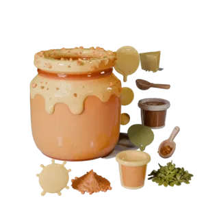 Jar Of Honey Stylized 3D model, stylized isometric render, showing powders, small ingredient shapes.