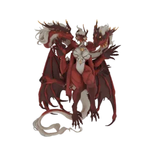 Modèle 3D d'une Hydre Reine rouge et blanche avec plusieurs têtes et bras, ailes rouge foncé déployées, sur fond blanc.