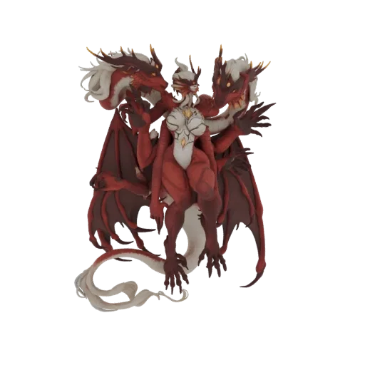 3D model of a red and white Hydra Queen with multiple heads and arms, dark red wings spread, on a white background.