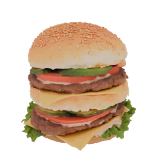 Un modèle 3D réaliste de cheeseburger double patty avec pain aux graines de sésame, fromage, laitue, tomate et avocat.