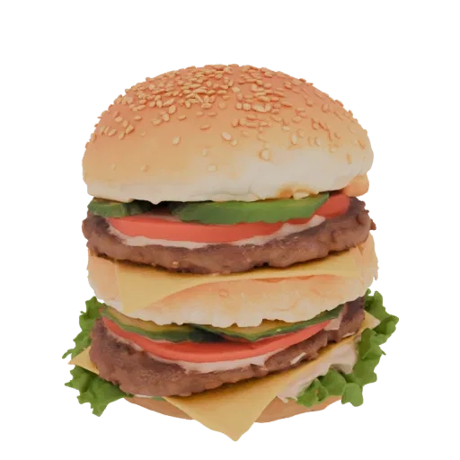 A realistic 3D model of a double patty cheeseburger with sesame seed bun, cheese, lettuce, tomato, and avocado.