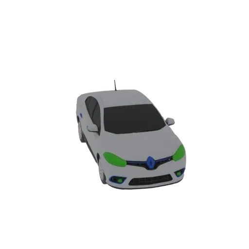 3D model of a white Renault Fluence car with green headlights and blue accents, viewed from a front-quarter angle.