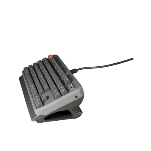 Ergonomic Mechanical Keyboard 3D model, three-quarter front view, Unity viewport, showing plastic shells, desktop scale.