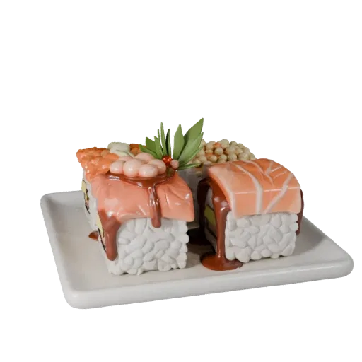 Homestyle Sushi Set 3D model, three-quarter front view, AR viewer studio render, showing sauces, plated composition.