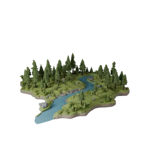 Taiga River Biome Stylized 3D model, stylized isometric environment render, showing terrain layers, snow banks.