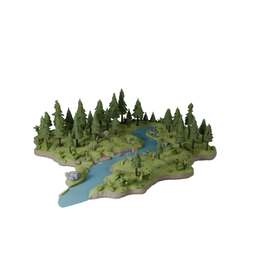 Taiga River Biome Stylized 3D model, stylized isometric environment render, showing terrain layers, snow banks.