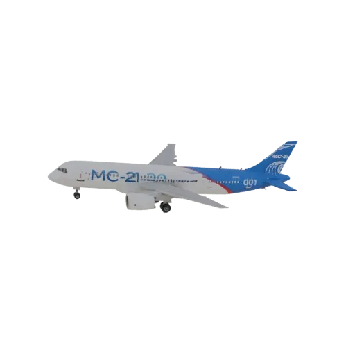 Side view of a 3D model of the MC-21 passenger jet with blue and white livery.