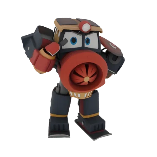 3D model of a robotic train character with a large red turbine, dark gray and red body, and a determined expression.