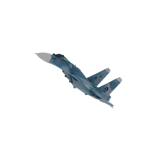 Maquette 3D avion de chasse Sukhoi Su-35 Flanker-E en vol dynamique, montrant sa livrée camouflage et son design aérodynamiqu