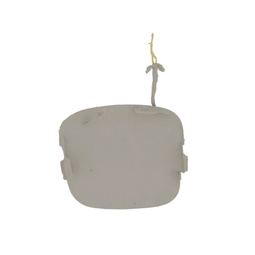 3D model of a light gray car bumper cover plug with a small yellow protrusion on top, isolated on a white background.