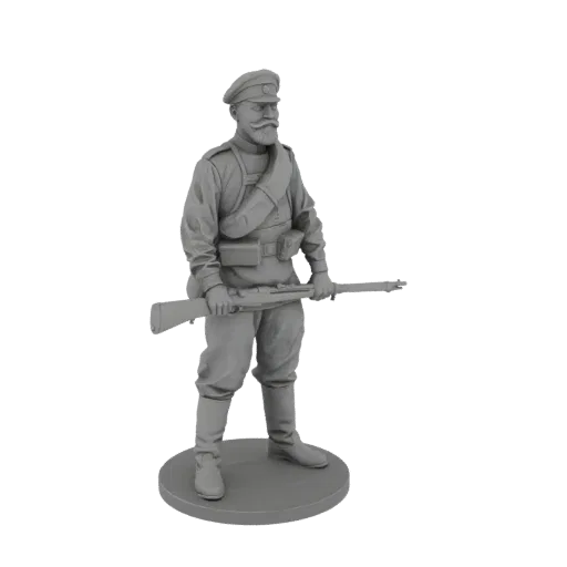 3D model of a WWI Russian soldier standing with a rifle, wearing a cap and uniform.