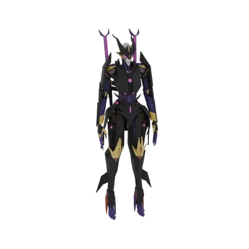 A full-body 3D render of a futuristic female warrior in black armor with purple and gold accents, standing against a black background.