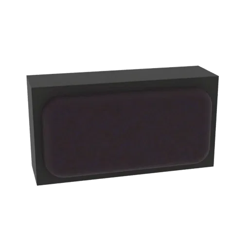 Modelo 3D de um alto-falante retangular com grelha escura e texturizada e carcaça preta, apresentado contra um fundo branco.