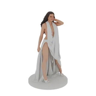 3D-Modell einer eleganten Frau in einem fließenden weißen Kleid, anmutig auf einem runden Sockel posierend.
