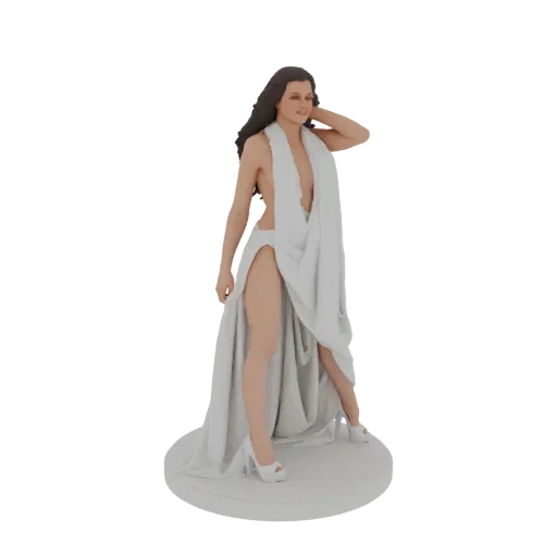 Modèle 3D d'une femme élégante en robe blanche fluide, posée gracieusement sur une base circulaire.