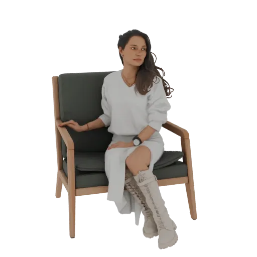 Modello 3D di una donna con lunghi capelli scuri, che indossa un abito bianco e stivali alti, seduta elegantemente su una pol