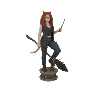Modèle 3D d'une sorcière aux oreilles de chat, cheveux roux bouclés, lunettes, tenant un balai et une baguette, debout sur un
