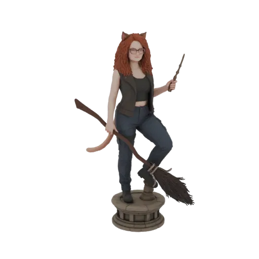 Modello 3D di strega con orecchie da gatto, capelli ricci rossi, occhiali, che tiene una scopa e una bacchetta, in piedi su u