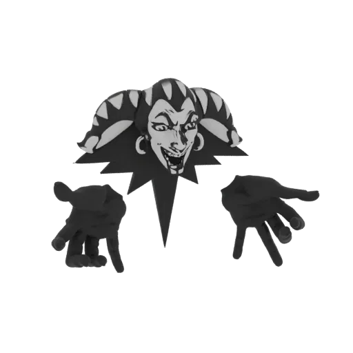 3D model of a jester's face with a wide, menacing grin and two hands reaching forward, set against a black background.