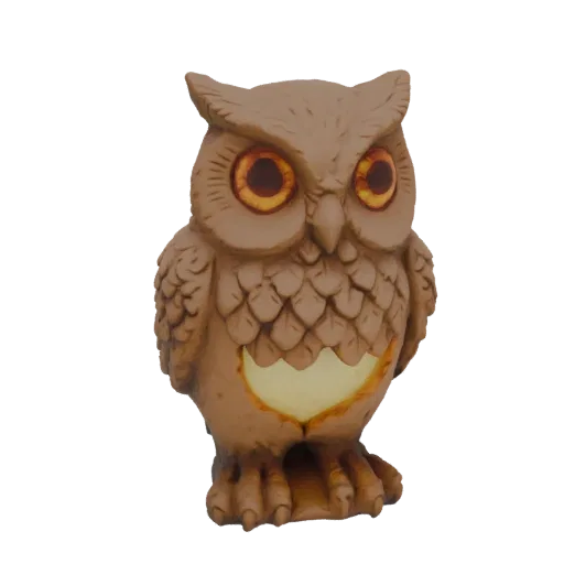 3D model of a brown owl lantern with glowing orange eyes and a lit belly, set against a black background.