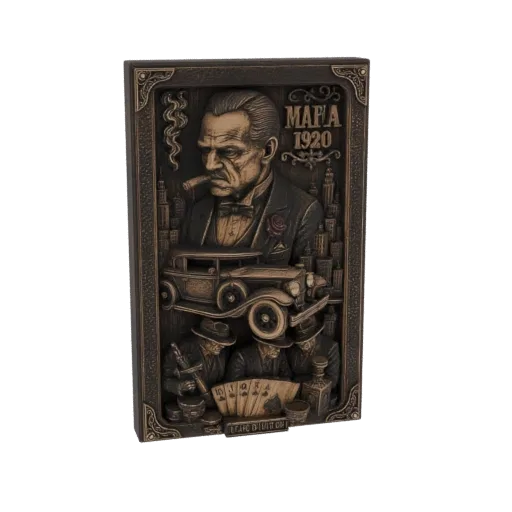 3D model of a 1920s mafia scene with a gangster, classic car, and poker game, rendered in bronze.
