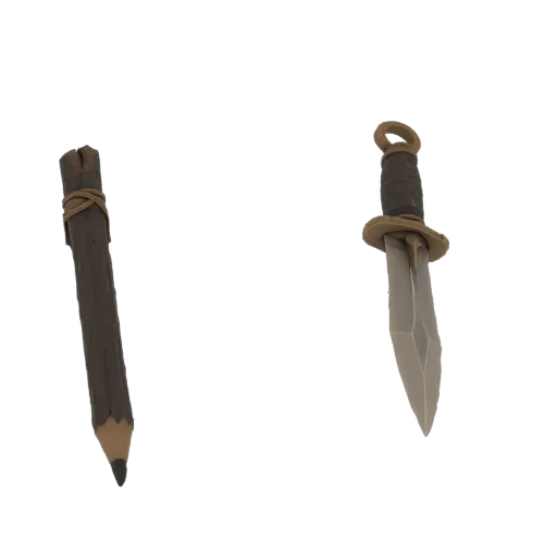 3D model render of a rustic wooden pencil and a primitive dagger, both with textured surfaces and twine accents, set against