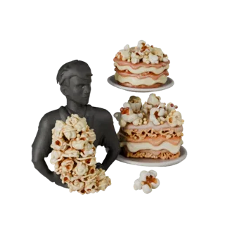 Popcorn 3D model, three-quarter front view, Unity viewport, showing cream, sweet food silhouette.