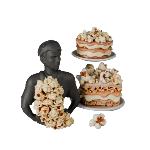 Popcorn 3D model, three-quarter front view, Unity viewport, showing cream, sweet food silhouette.