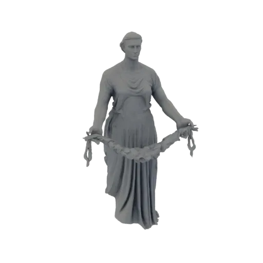 3D model of a classical woman in draped robes holding a laurel wreath, rendered in a stone-like texture.