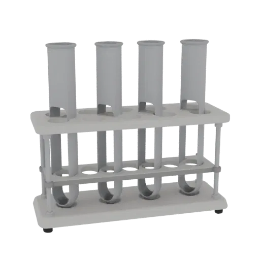 Classroom Test Tube Rack 3D model, side profile view, technical viewport render, showing glass, recognizable lab forms.