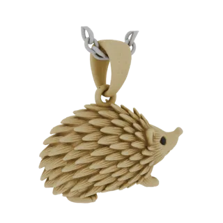 3D model of a charming hedgehog pendant with textured quills, shown in profile with a sandy beige finish and a loop for a cha