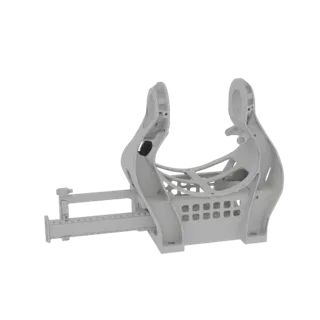 3D model of a light gray, adjustable robotic gripper clamp with a sliding base and articulated arms, set against a white back