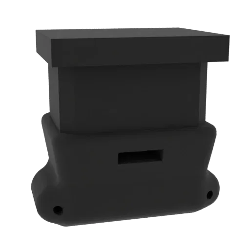 A 3D render of a black modular storage cube with a horizontal slot on the front and a slightly curved base.