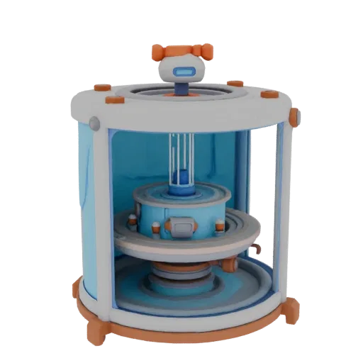 3D-Modell eines futuristischen Brutkastens für Roboter mit transparenten blauen Einsätzen und orangefarbenen Akzenten.