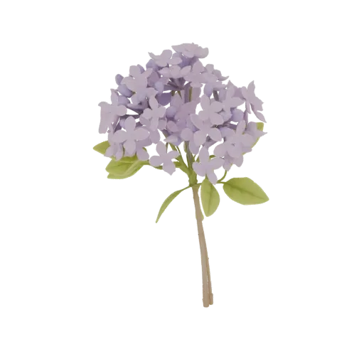 3D model of a delicate purple lilac flower cluster with green leaves and a brown stem, isolated on a white background.