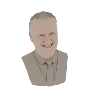 Render de modelo 3D de um busto de homem com um sorriso amigável, vestindo camisa e colete.
