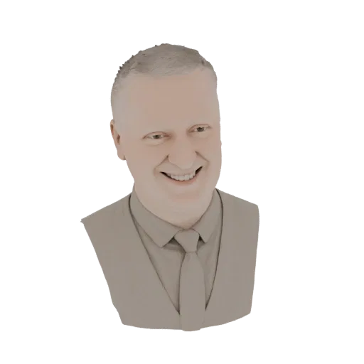 3D-Modell-Rendering einer Männerbüste mit einem freundlichen Lächeln, gekleidet in Hemd und Weste.