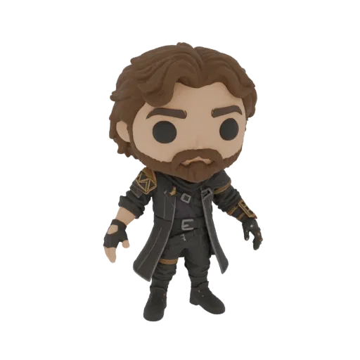 3D model of a fantasy warrior with brown hair and beard, wearing a dark coat and tactical gear, in a Funko Pop-inspired style