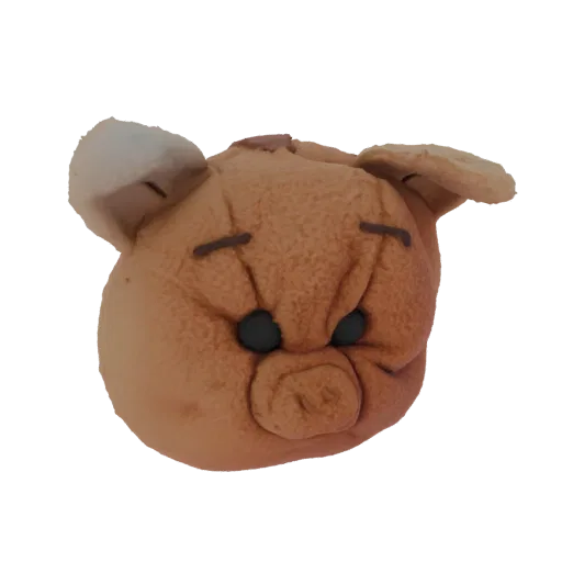 A 3D render of a grumpy pig plush toy with a brown textured surface, black eyes, and a frowning expression, set against a bla
