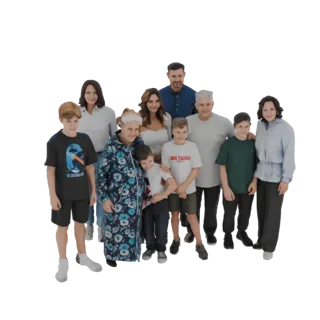 3D-Modell einer diversen Familiengruppe, einschließlich Erwachsener, Kinder und einer älteren Person, die zusammen stehen und