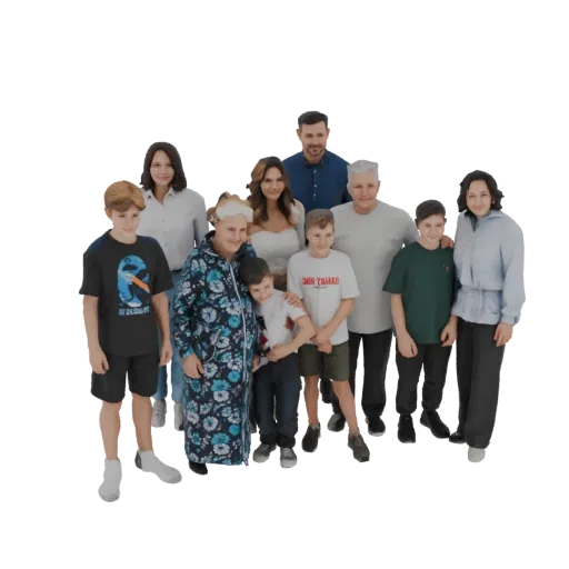 Modelo 3D de um grupo familiar diverso, incluindo adultos, crianças e um idoso, em pé juntos e sorrindo.